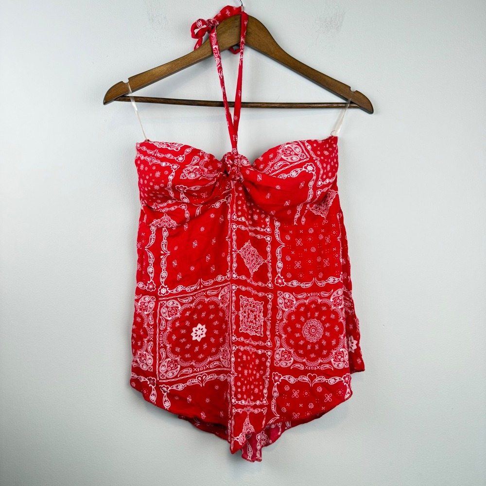 Y2K Babydoll Red Bandana Paisley Print Halter Top XL Western Cowgirl Festival
